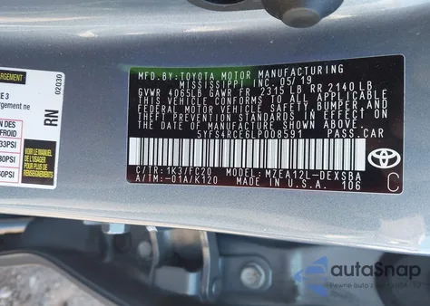 2020 Toyota Corolla Se из США, поврежденный, VIN 5YFS4RCE6LP008591